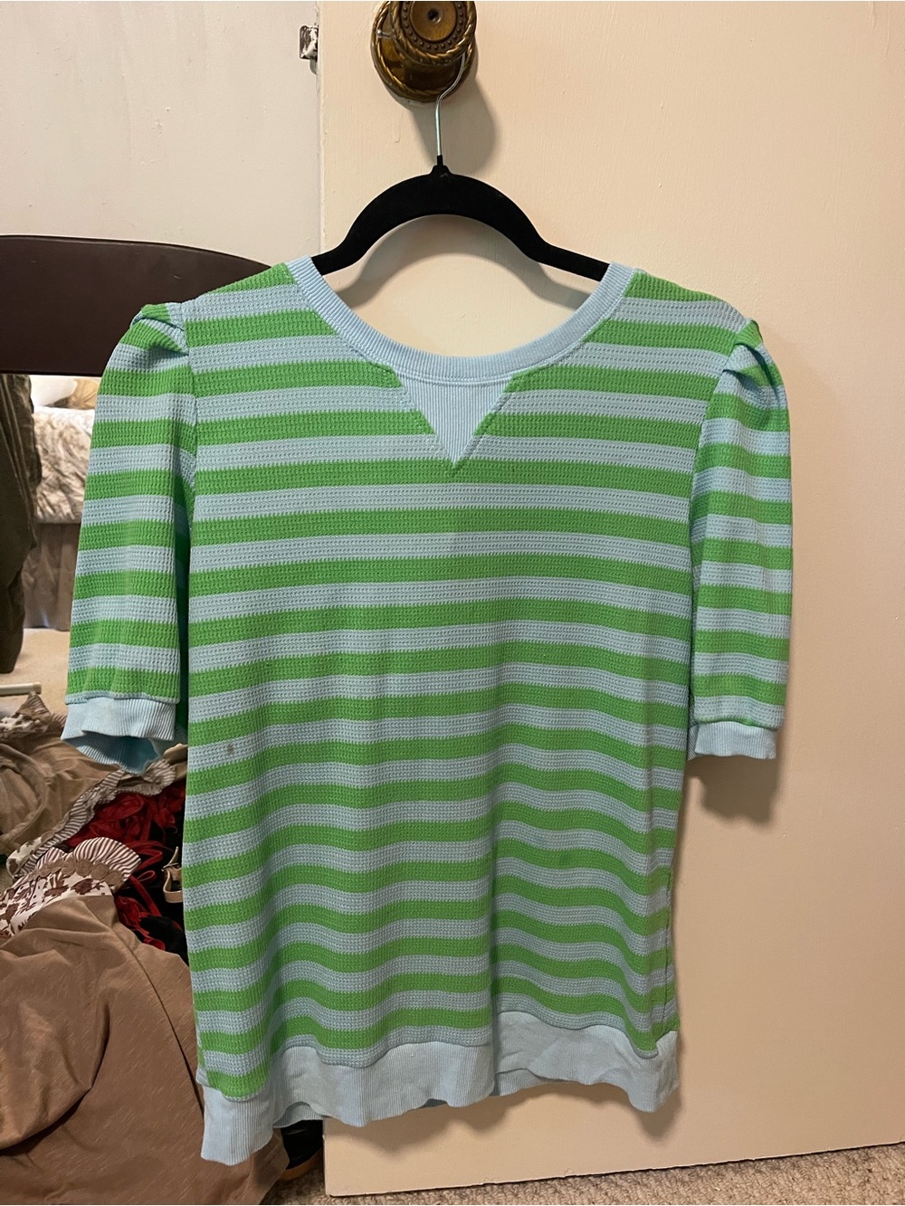 Girls' Green & Light Blue Striped Puff Sleeve Top and short set